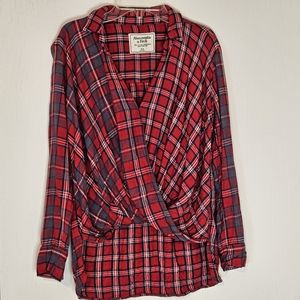 Womens Abercrombie and Fitch Plaid Wrap Front High/Low Top